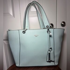 GUESS 1981 Soft Teal PVC Tote Shoulder Bag Zip Top Purse